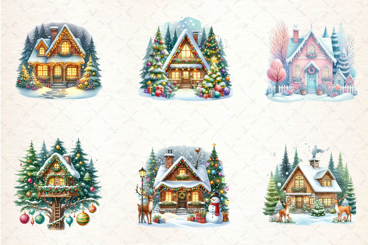 Watercolor Christmas Houses and Tree, an Illustration by CreationArt (Photo 3 of 5)