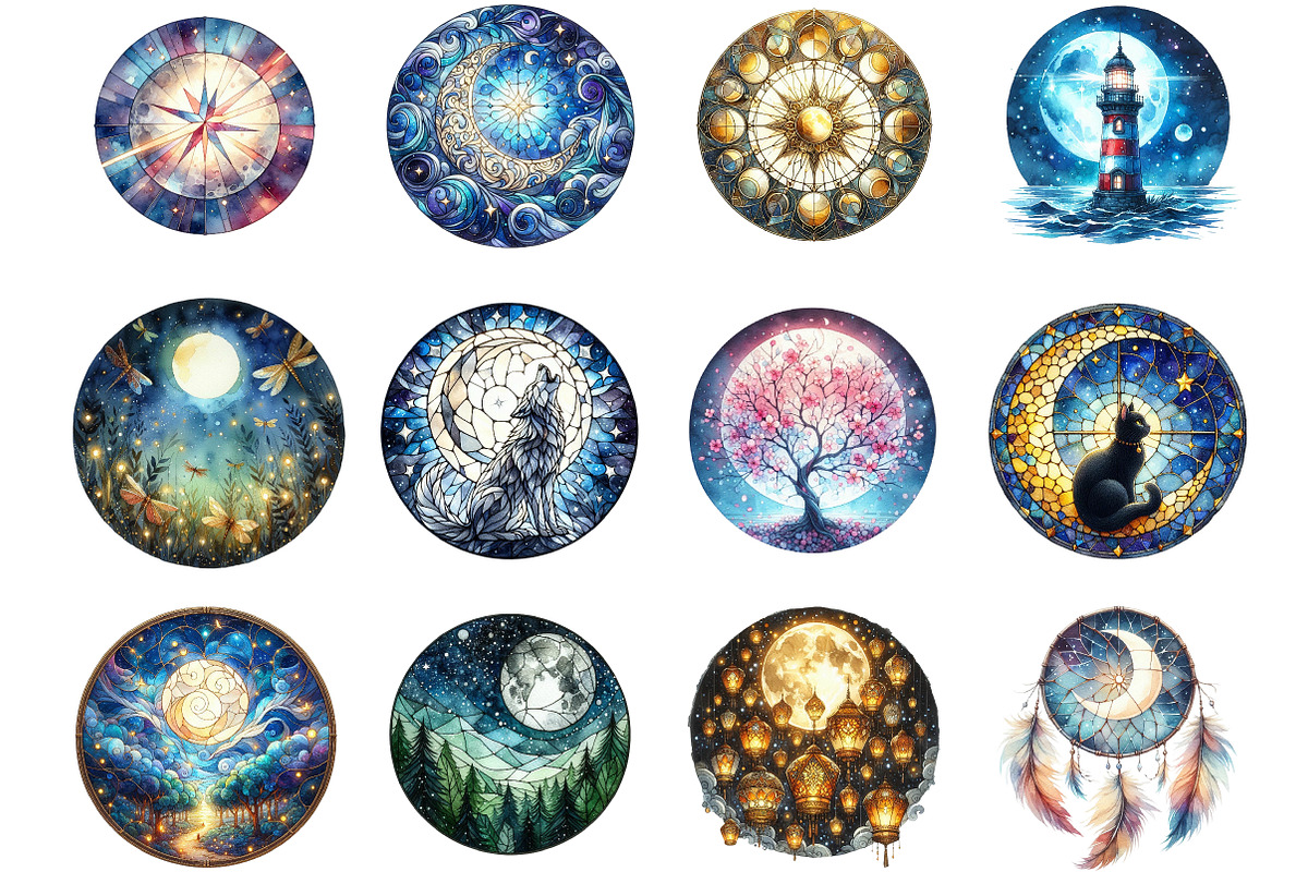 Moonlit Nights Stained Glass Clipart, a Seasonal Illustration by DreamArtGraphic (Photo 2 of 4)