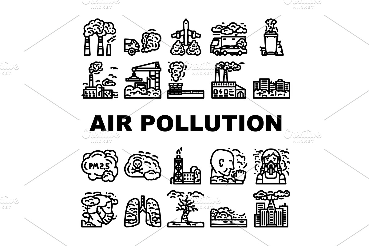 air pollution smog emissions icons, an Illustration by pikepicture