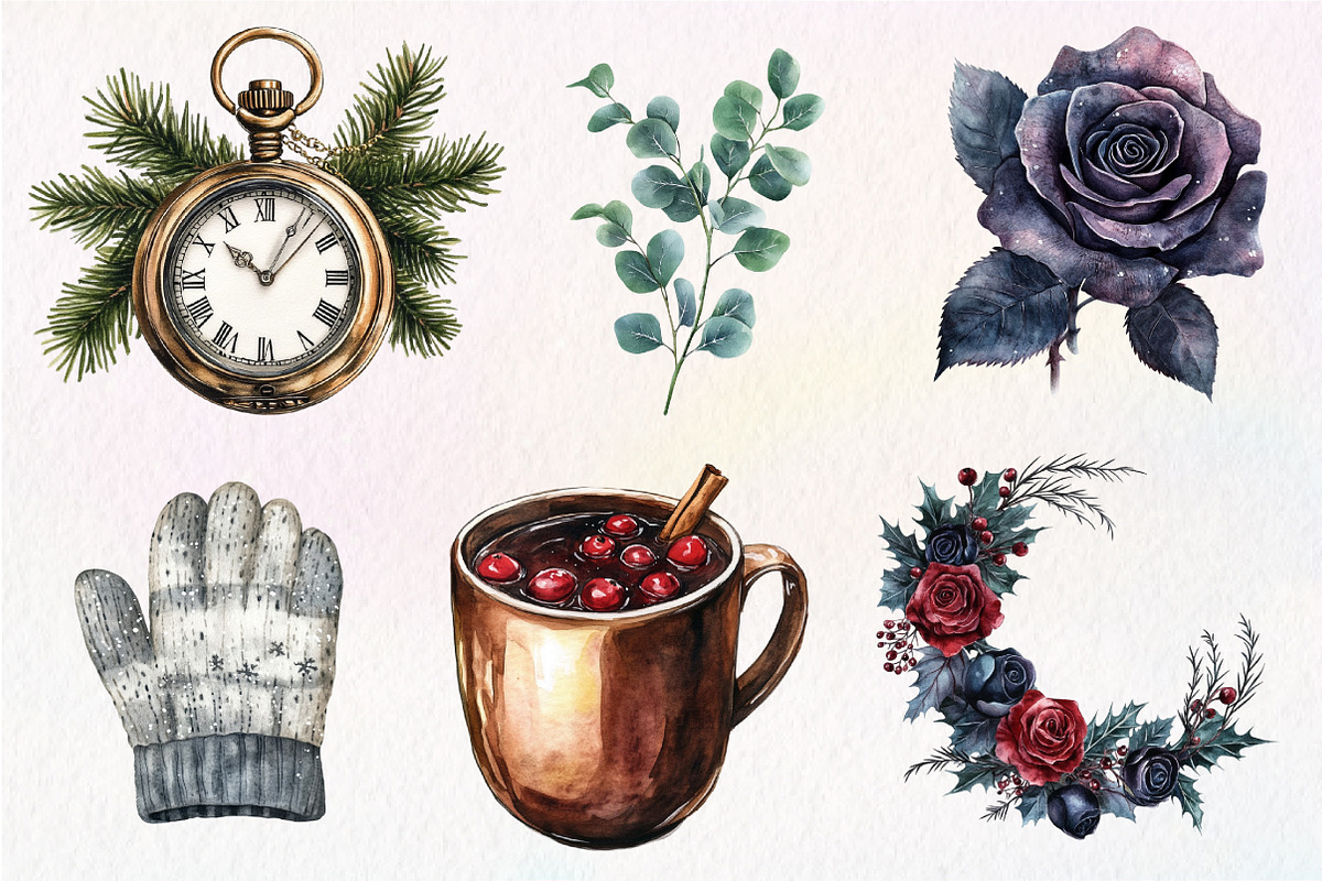 Watercolor Moody Christmas Clipart, an Illustration by Dream Creation (Photo 3 of 6)