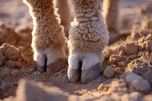 Close-up view of sheep hooves on dry ground during golden hour in a rural area, a Photo by AlyaAnd