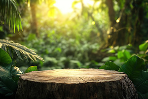 Product display trunk podium in lush green forest setting illuminated by soft s, a Nature Photo by AlyaAnd