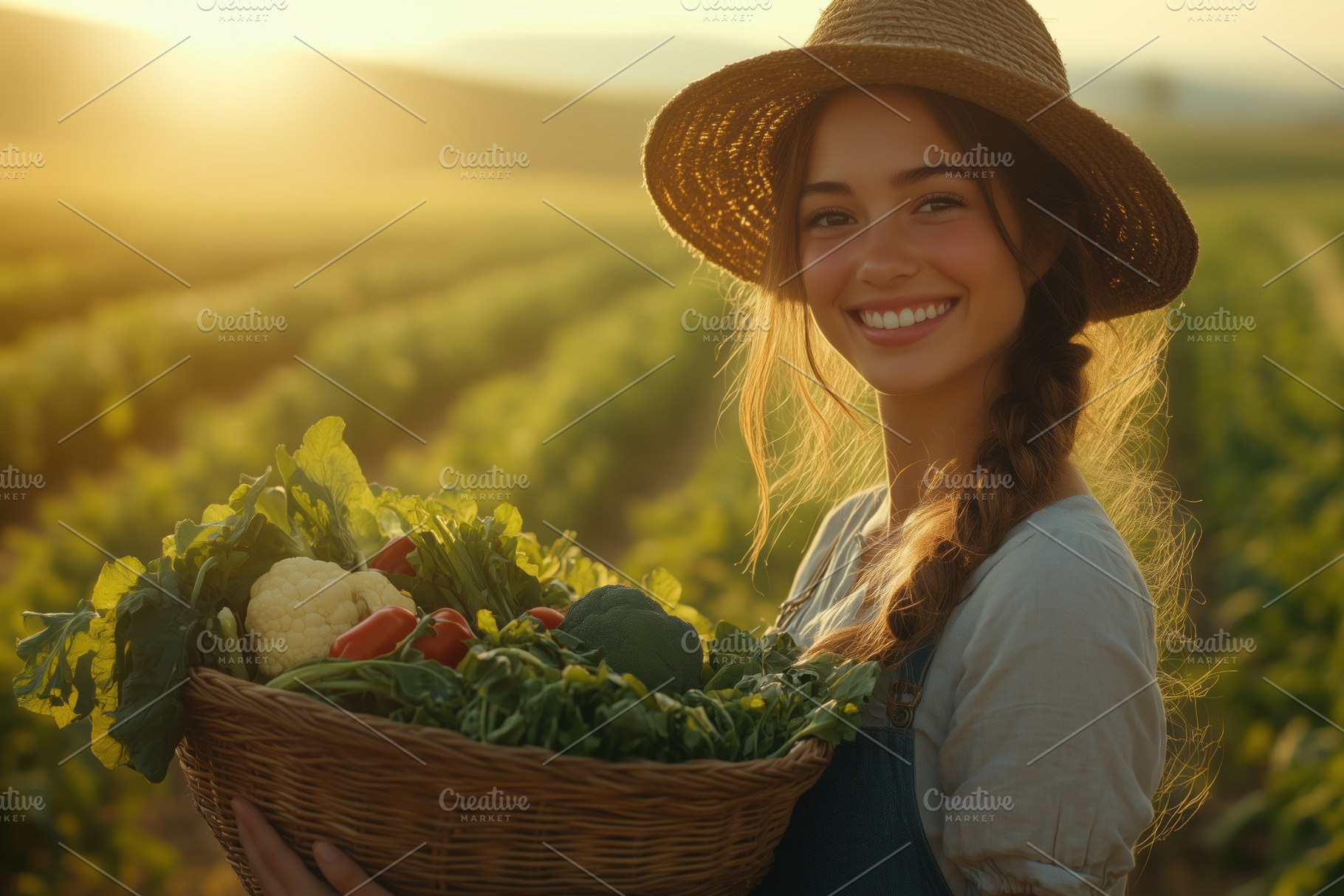 A young woman in a straw hat smiles while holding a basket of fresh vegetables, a Person Photo by Textures & Backgrounds