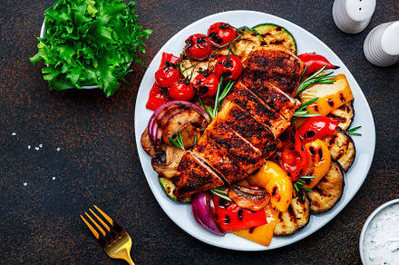 Grilled vegetables and chicken fillet salad. Paprika, zucchini,, a Food & Drink Photo by 5PH