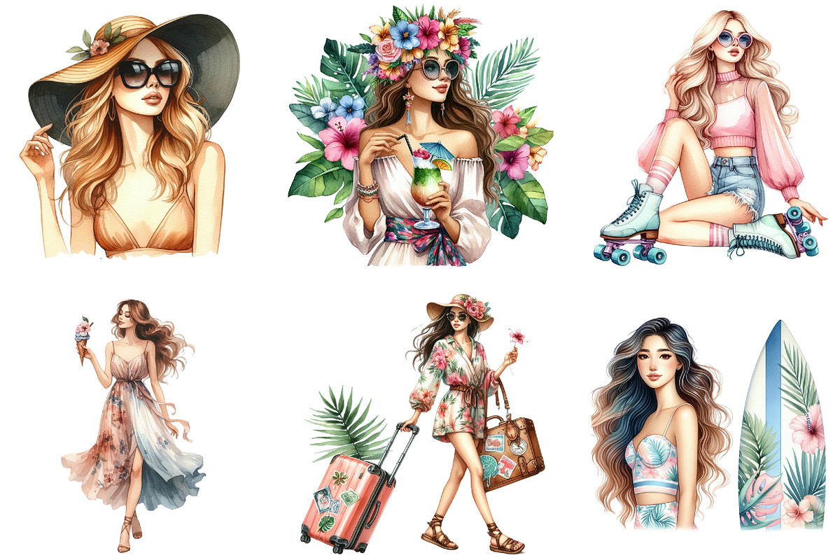 Watercolor Summer Girl Clipart, a Seasonal Illustration by DreamArtGraphic (Photo 2 of 4)
