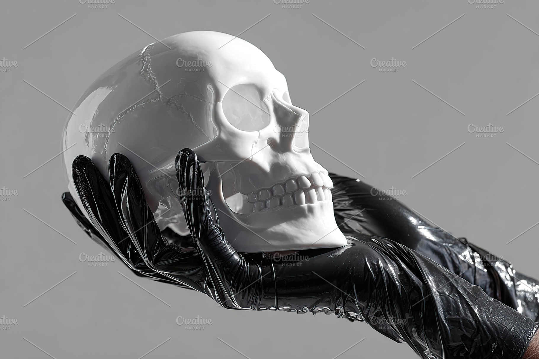 Detailing a human skull held delicately in a gloved hand against a simple backd, a Holiday Photo by AlyaAnd