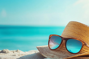 Straw hat and sunglasses on beach, a Nature Photo by MistyDay