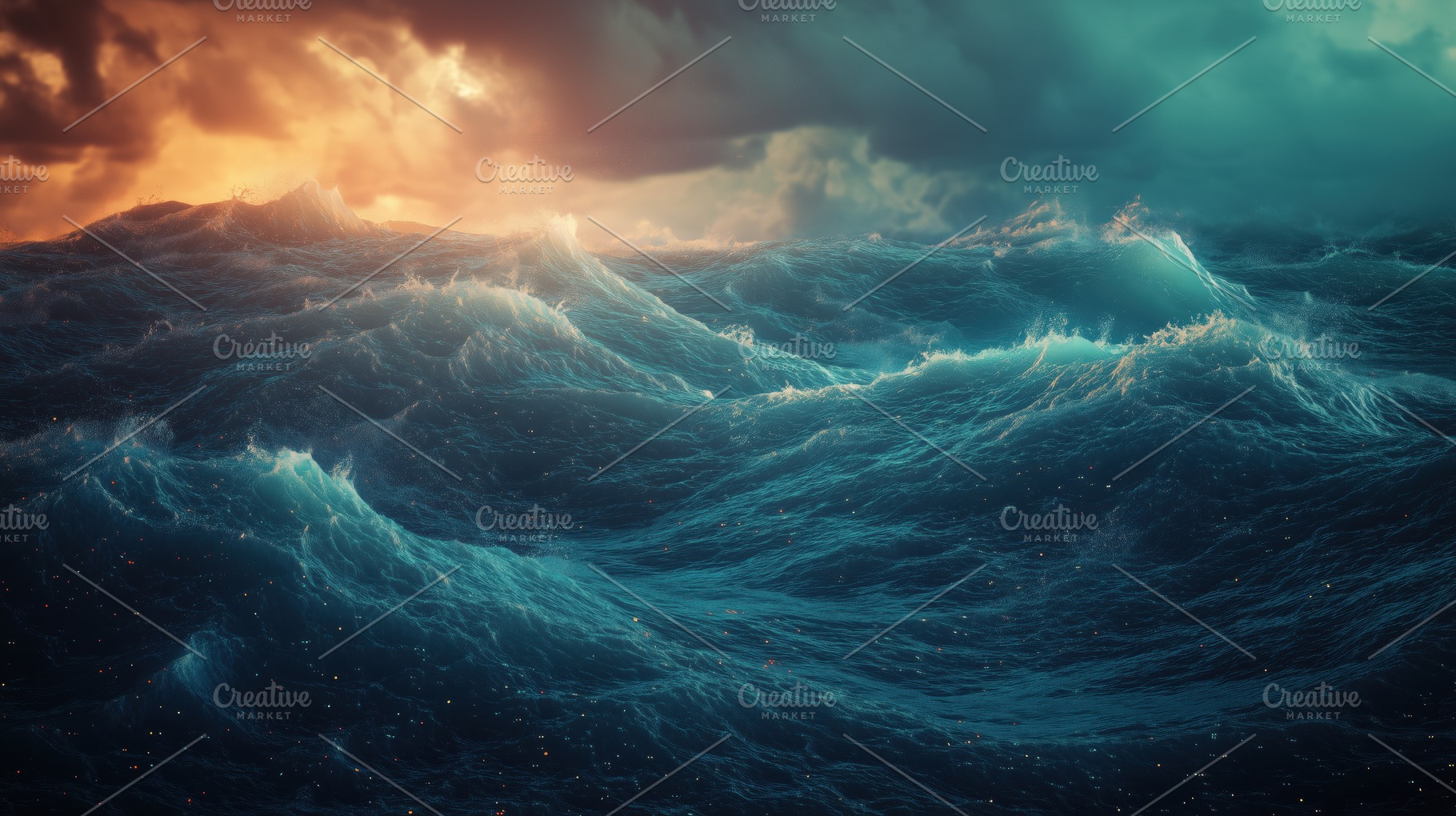 A dramatic seascape featuring turbulent ocean waves under a moody sky ...