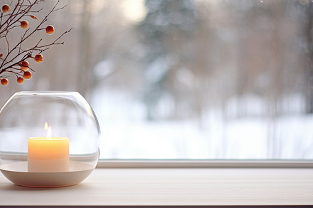 Candle in a glass candleholder and bouquet of branches with red, a Holiday Photo by Studio Light & Shade