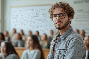 Young man in classroom focuses on le, a Photo by Tanuart