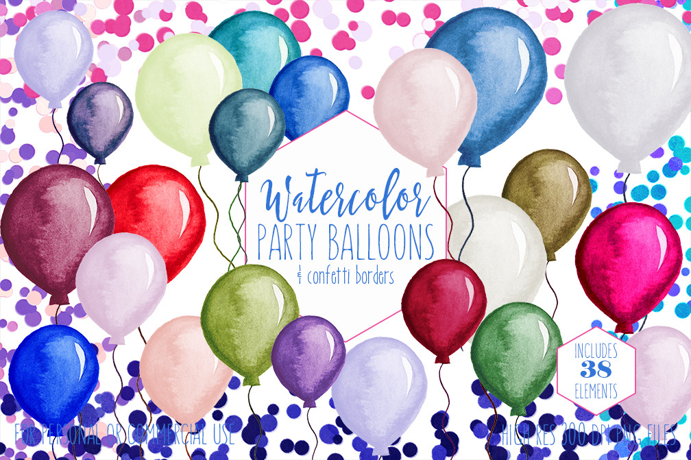 Watercolor Balloons & Confetti Set, an Illustration by ClipartBrat Graphics