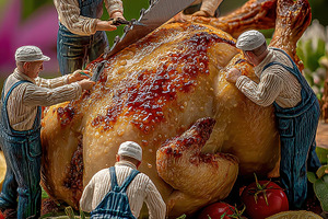 Miniature Workers Butchering Roasted, a Photo by Pixeness Studio