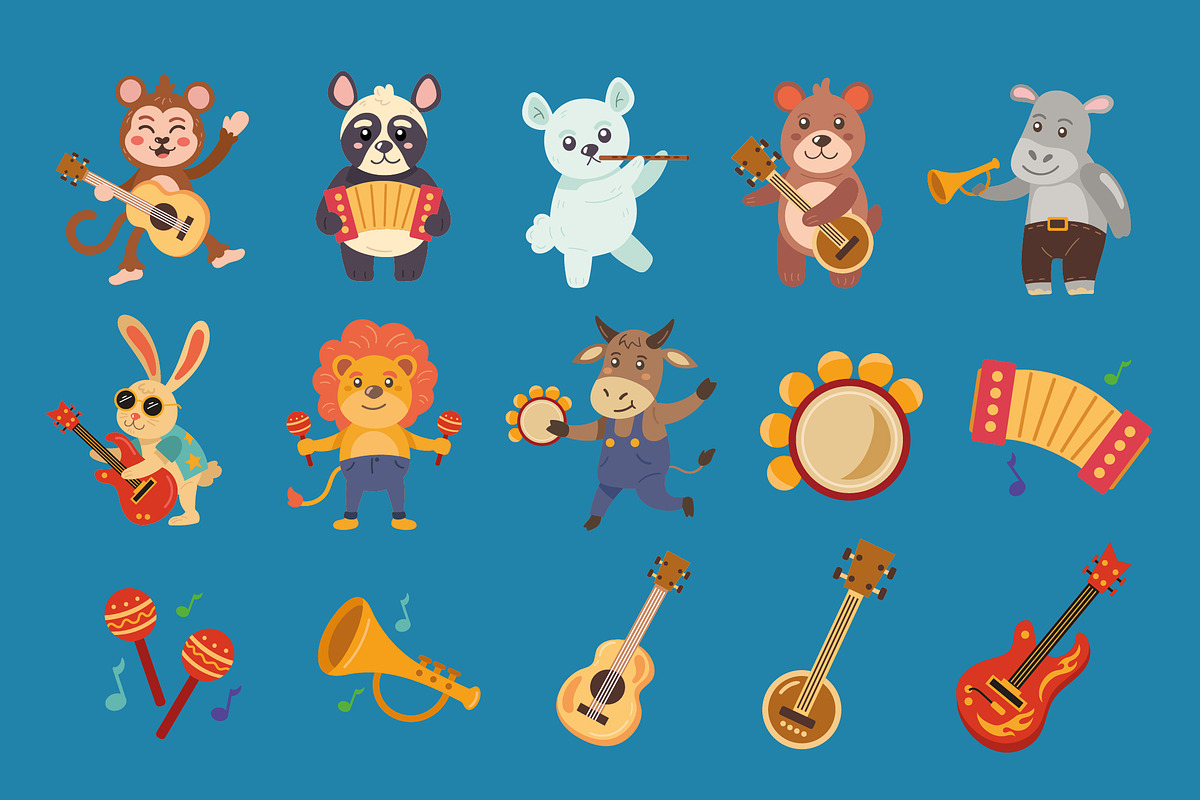 Cute Animals Music Illustration Set