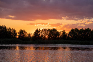 sunset on the lake with silhouetted trees, colorful summer sunset on the lake s, a Photo by rsoollAI