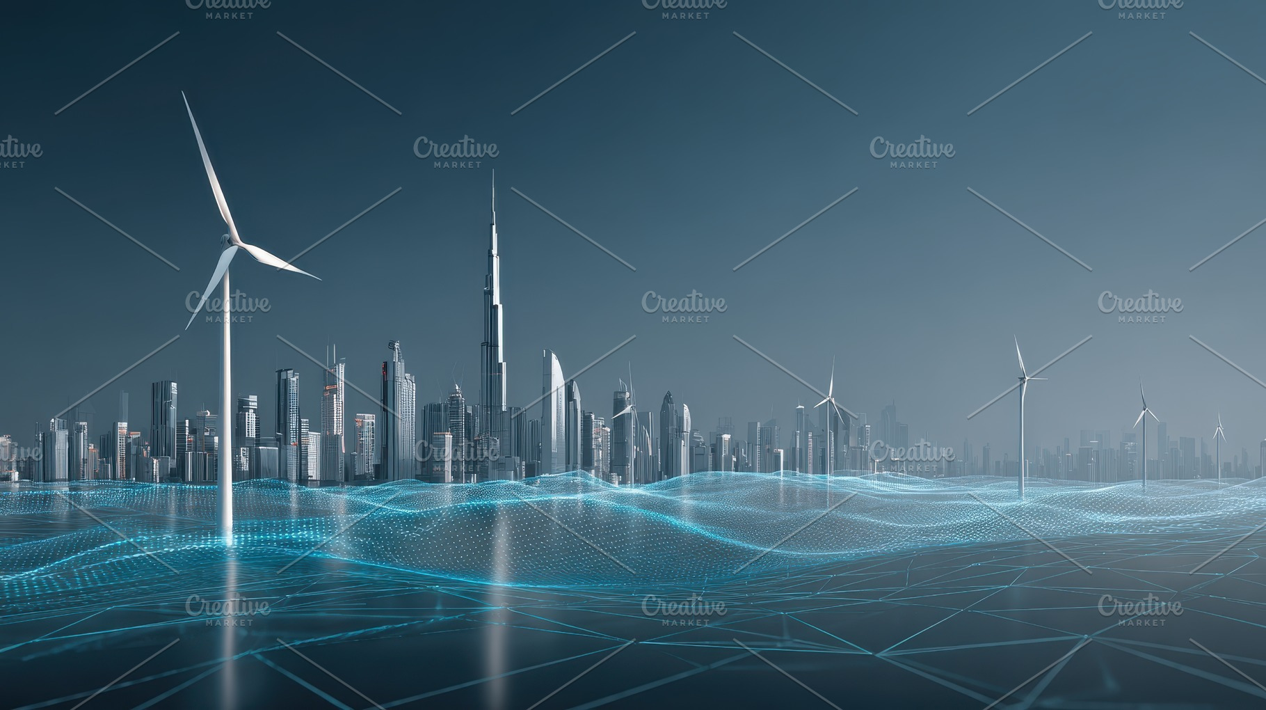 Wind Turbines Powering Futuristic Ci, a Photo by Pixeness Studio