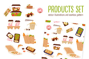 Takeaway food set & seamless pattern, a Food Illustration by Good Studio