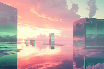 Surreal Landscape with Reflective Glass Cubes at Sunset