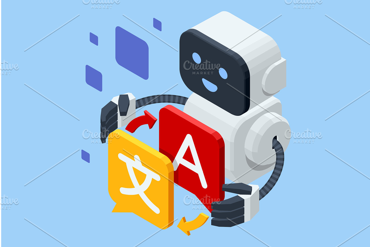 Isometric AI robot translating, an Education Illustration by Golden Sikorka