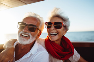 Elderly couple enjoying a summer boa, a Photo by Dvoevnore photos