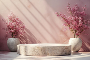 Elegant stone podium mockup with pink floral decor and soft shad, a Nature Photo by José Manuel Gelpi