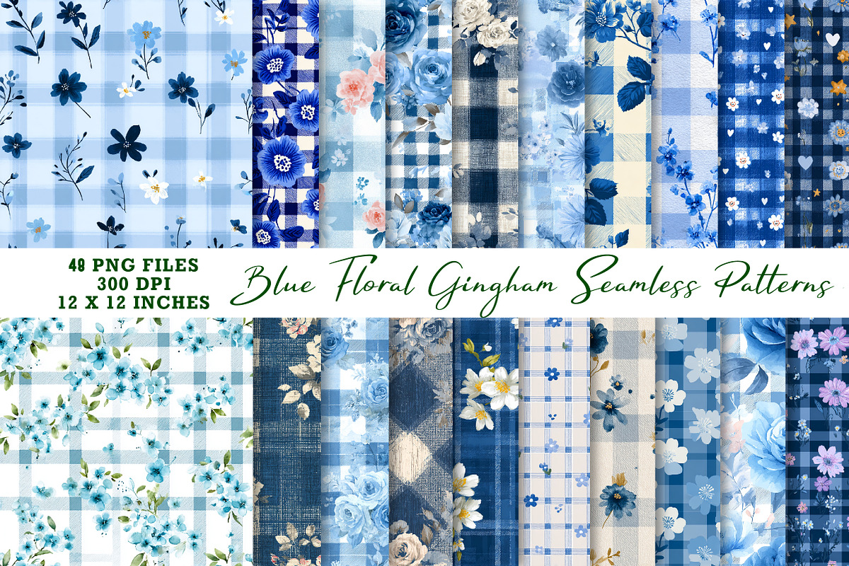 Blue Floral Gingham Seamless Pattern, an Illustration by CreationArt