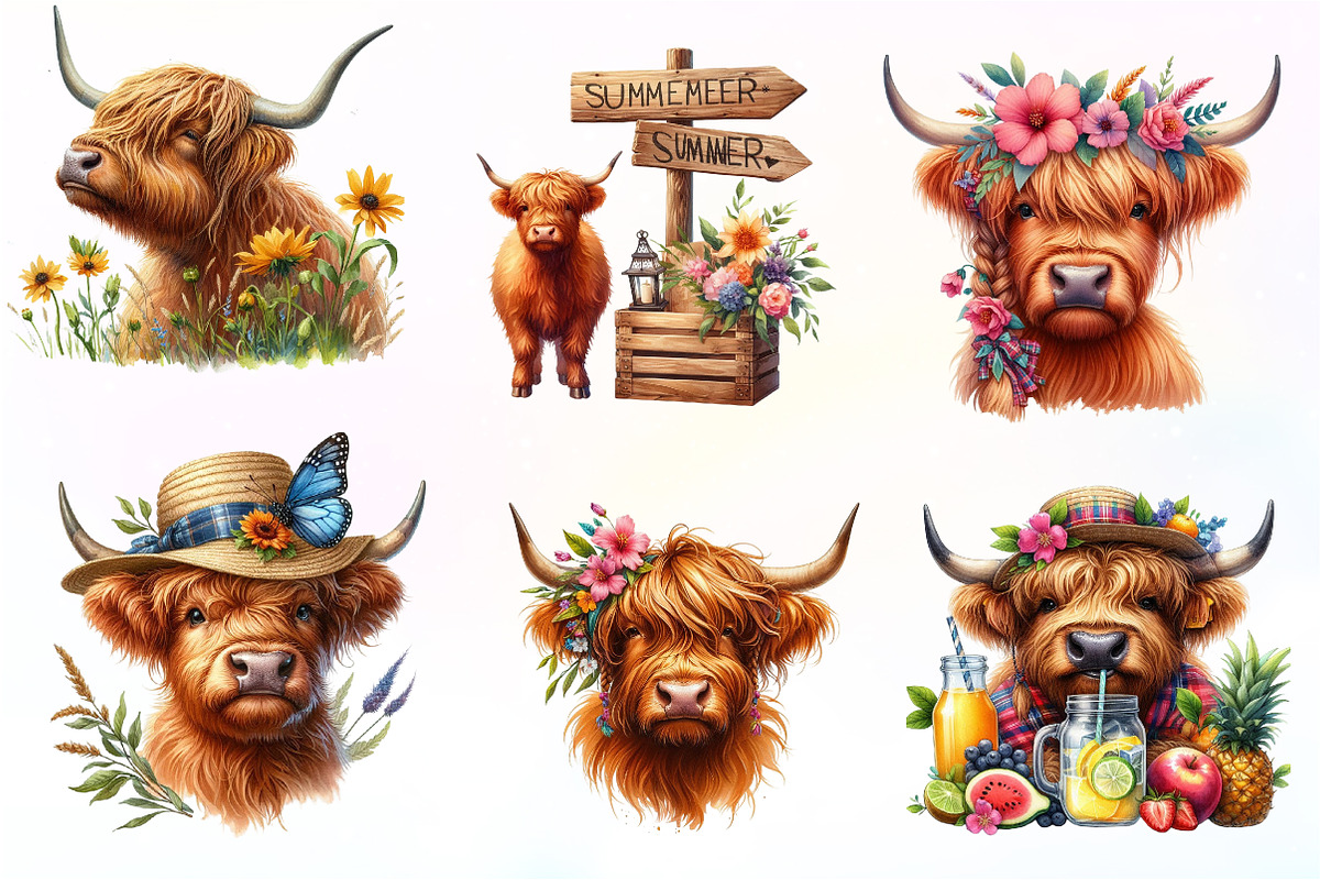 Highland Cow Summer Watercolor, an Illustration by CreationArt (Photo 4 of 9)