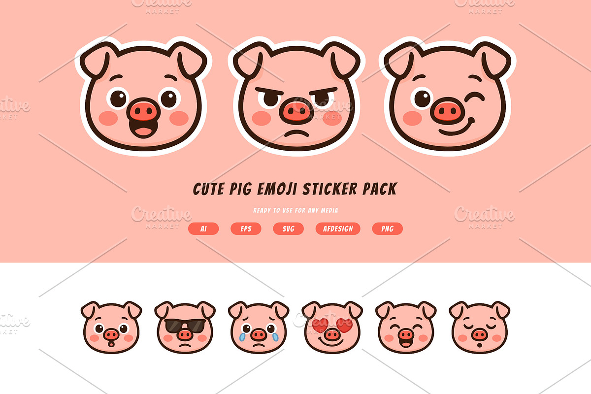 Cute Pig Emoji Sticker Pack, an Animal Illustration by itefan Studio