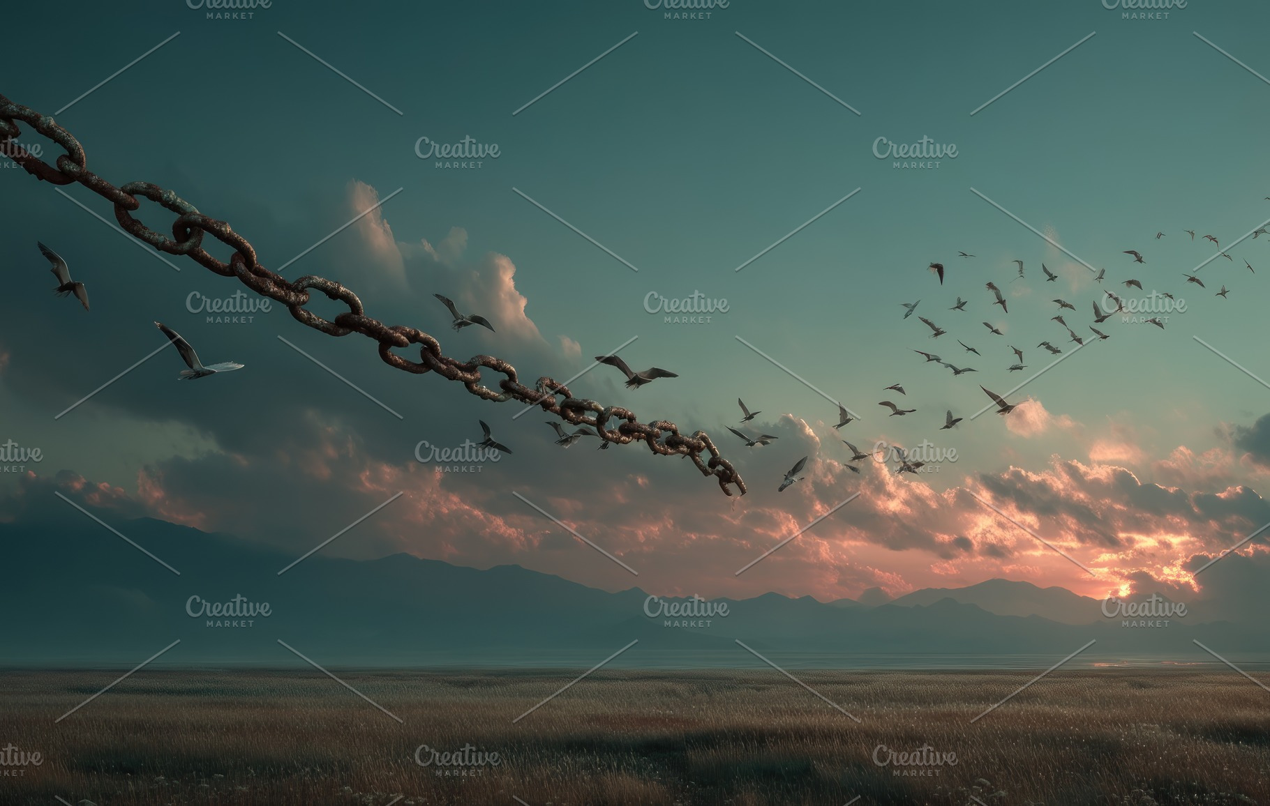 Birds flying away from a broken chain above an open field during, a Person Photo by José Manuel Gelpi