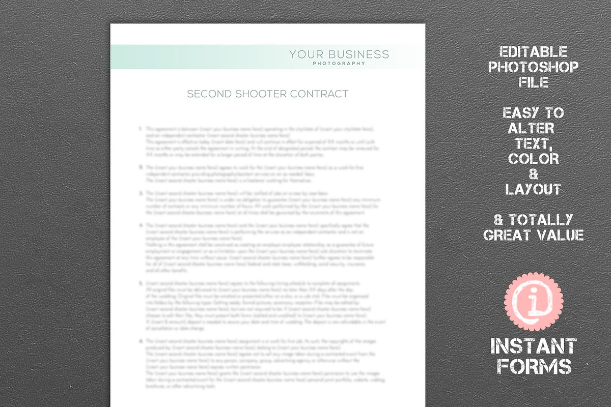 Second Shooter Photography Contract, a Stationery Template by InstantForms (Photo 1 of 3)