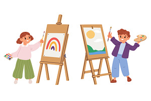 Boy and girl draw pictures on easel, an Education Illustration by Vectorbuum