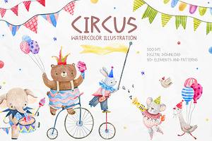 Watercolor Circus Animals Clipart