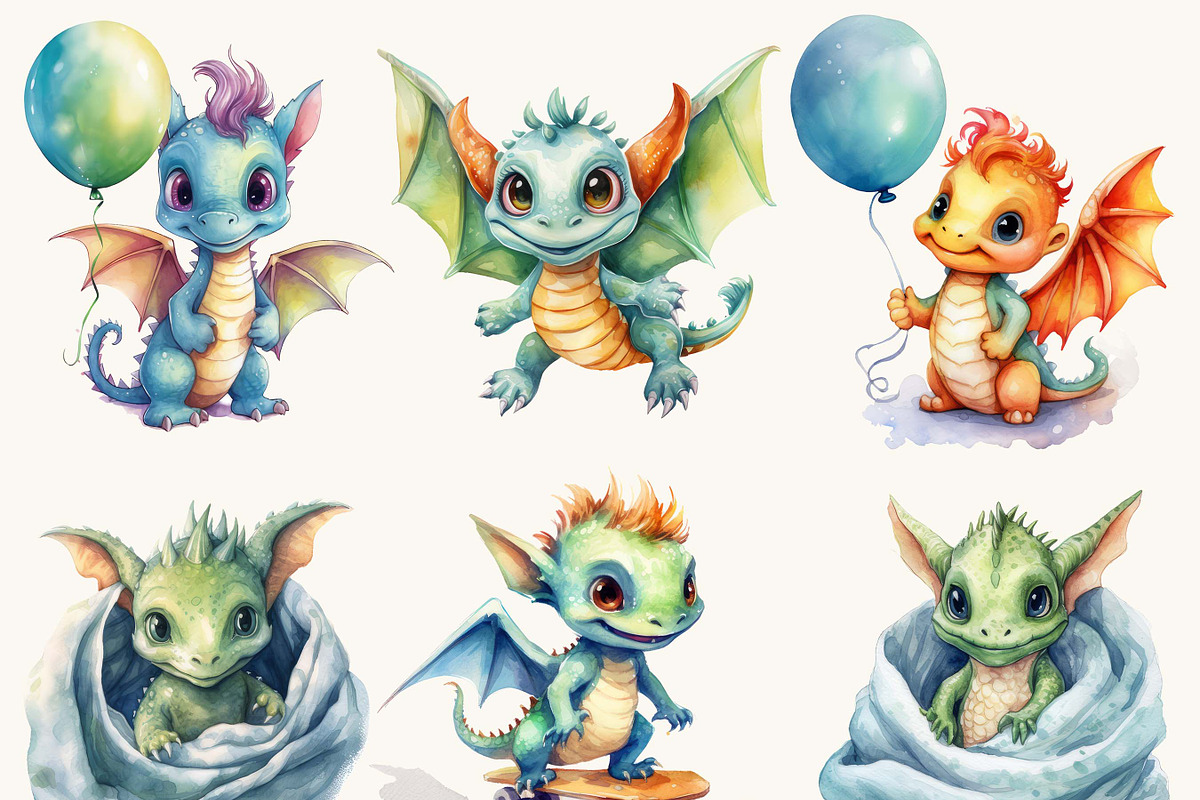 Watercolor Baby Dragon Clipart, an Animal Illustration by BusyDaydesign (Photo 2 of 9)