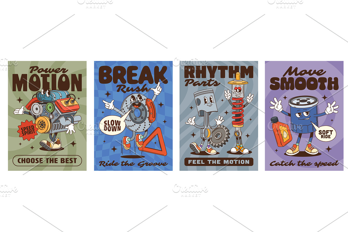 Car spare parts groovy characters, a Decorative Illustration by Buch&Bee