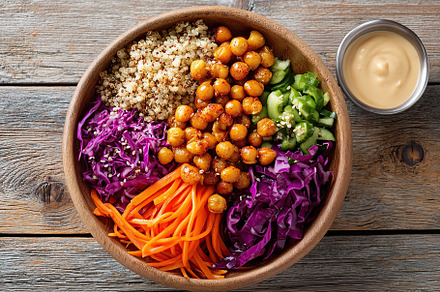 Vegan Buddha bowl with colorful vegetables and chickpeas on a rustic wooden tab, a Food & Drink Photo by AlyaAnd