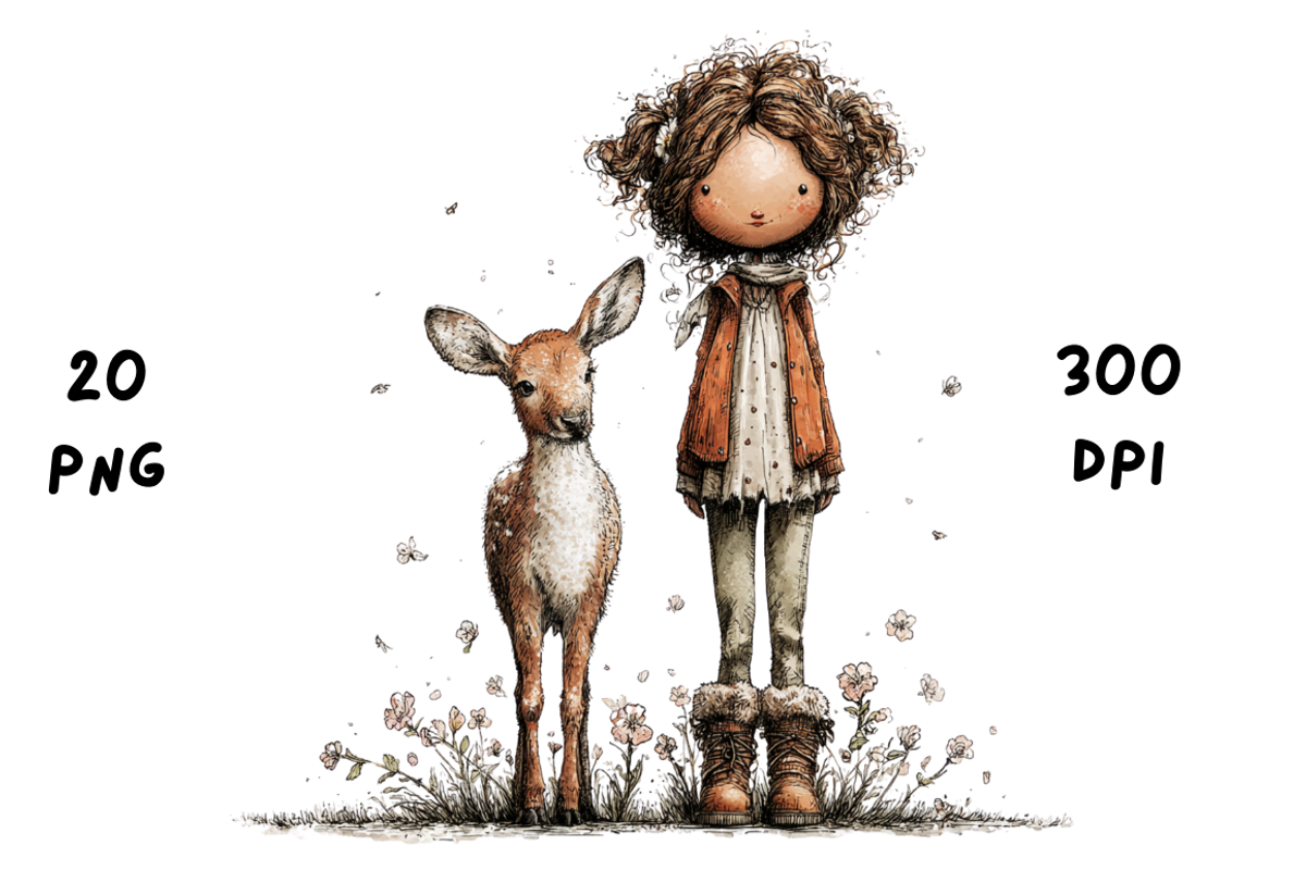 Whimsical Floral Girl & Deer Clipart, an Animal Illustration by GiraffeCreative (Photo 13 of 20)