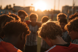 Young soccer team huddle sunset gold, a Photo by Pixeness Studio