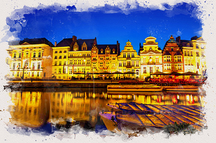 watercolor landscape of Gent, a Background Photo by pimpic studio