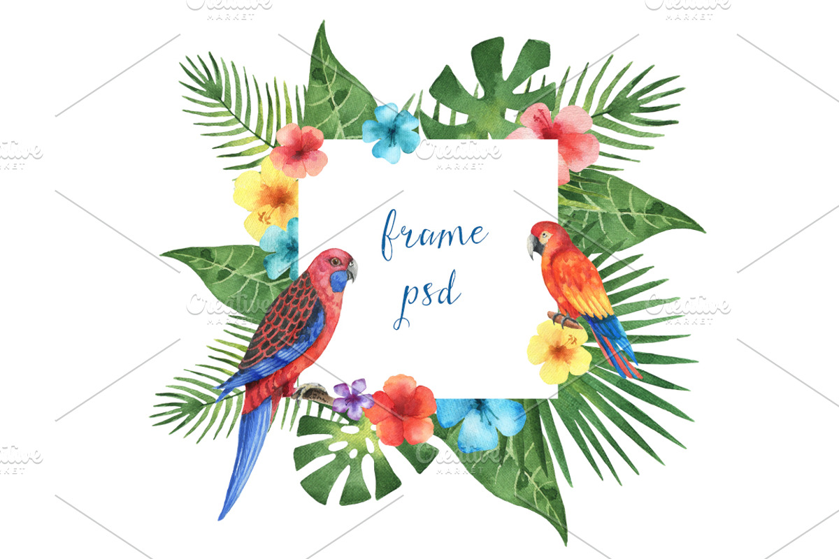 Tropical flowers and leaves., a Decorative Illustration by Elena Medvedeva (Photo 5 of 8)