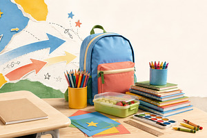 Back to school supplies with backpac, a Photo by Dvoevnore photos