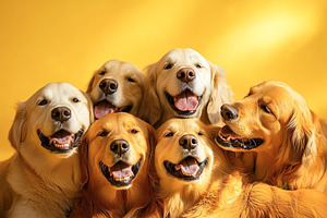 Group of Happy Golden Retrievers on Yellow Background, an Animal Photo by Ales Munt