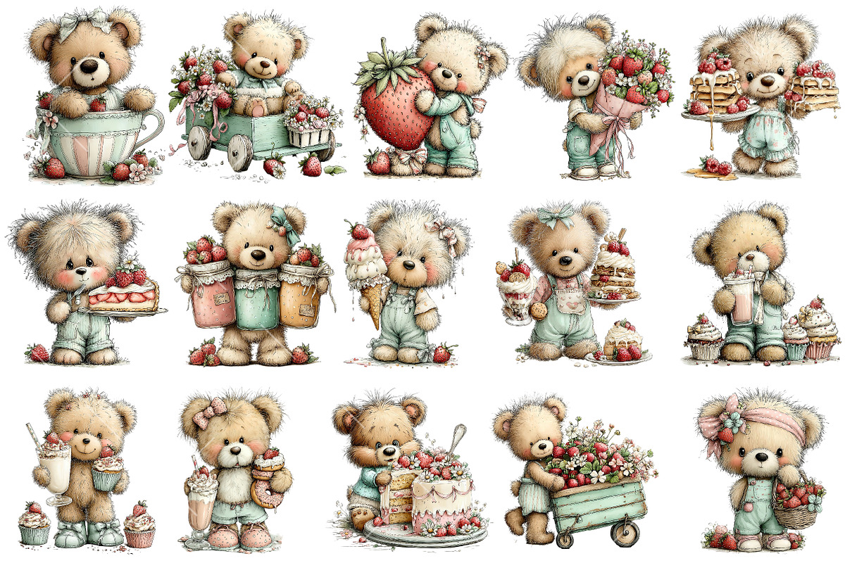 Strawberry Bear PNG Clipart Set, a Seasonal Illustration by OK Design (Photo 3 of 6)
