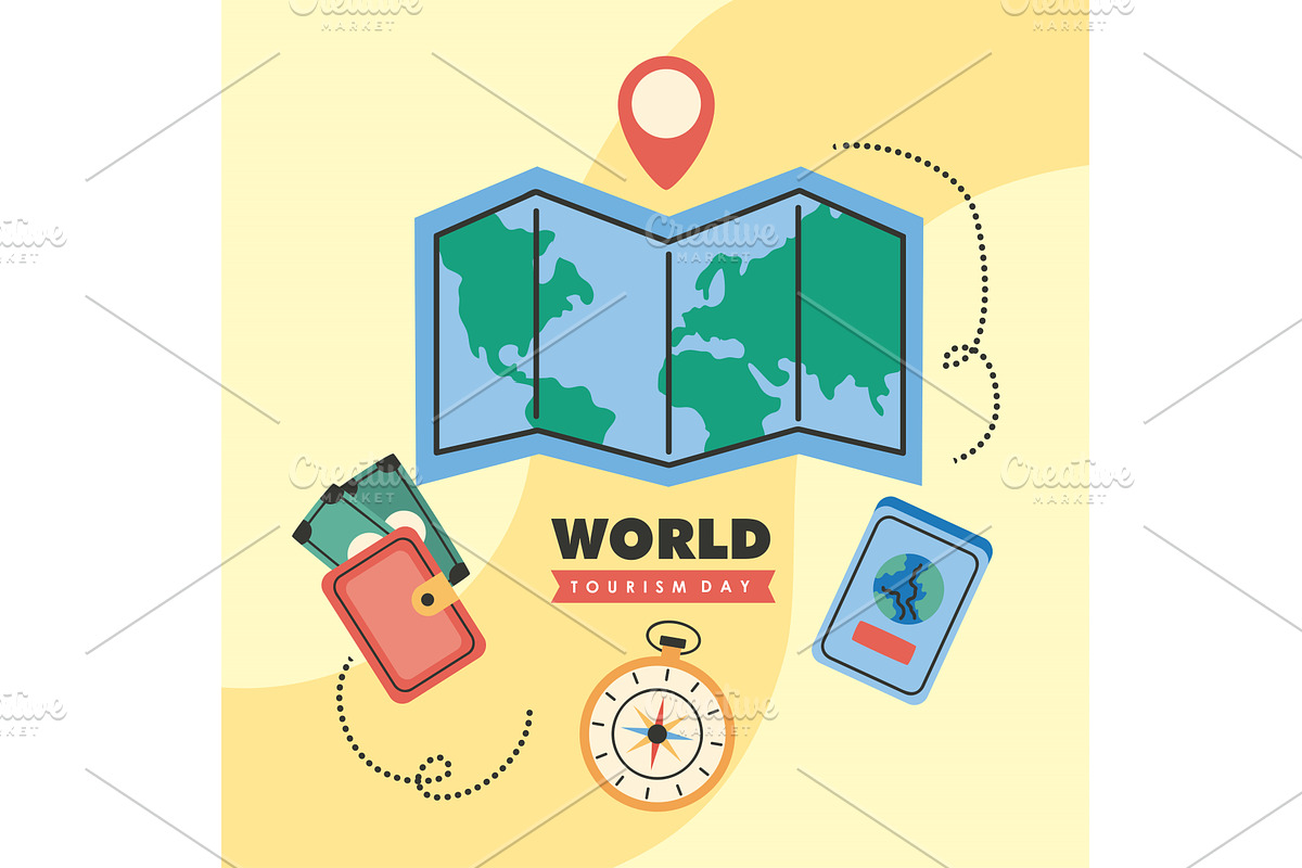 world turism day lettering postcard, an Illustration by studiogstock