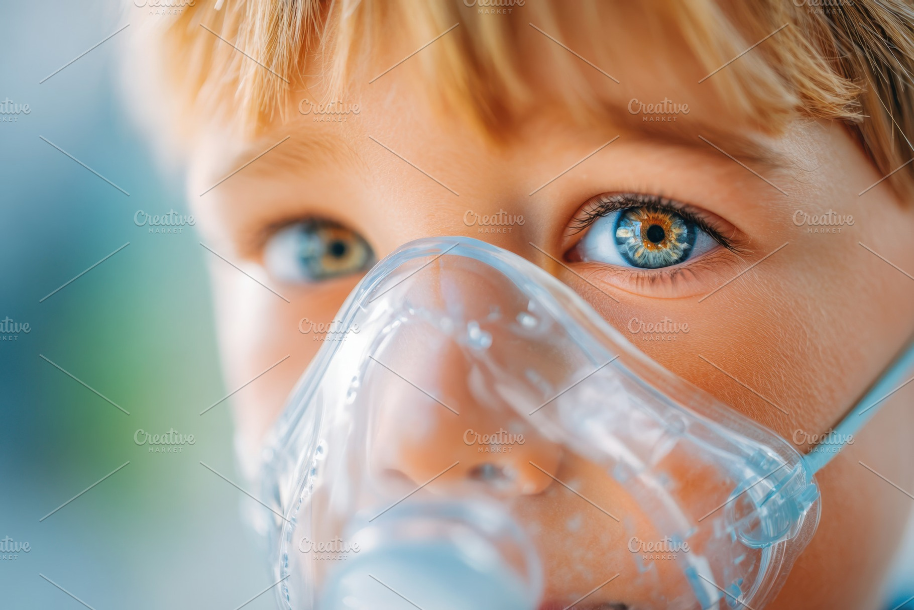 Child with nebulizer mask and bright blue eyes, a Health & Medical Photo by AlyaAnd