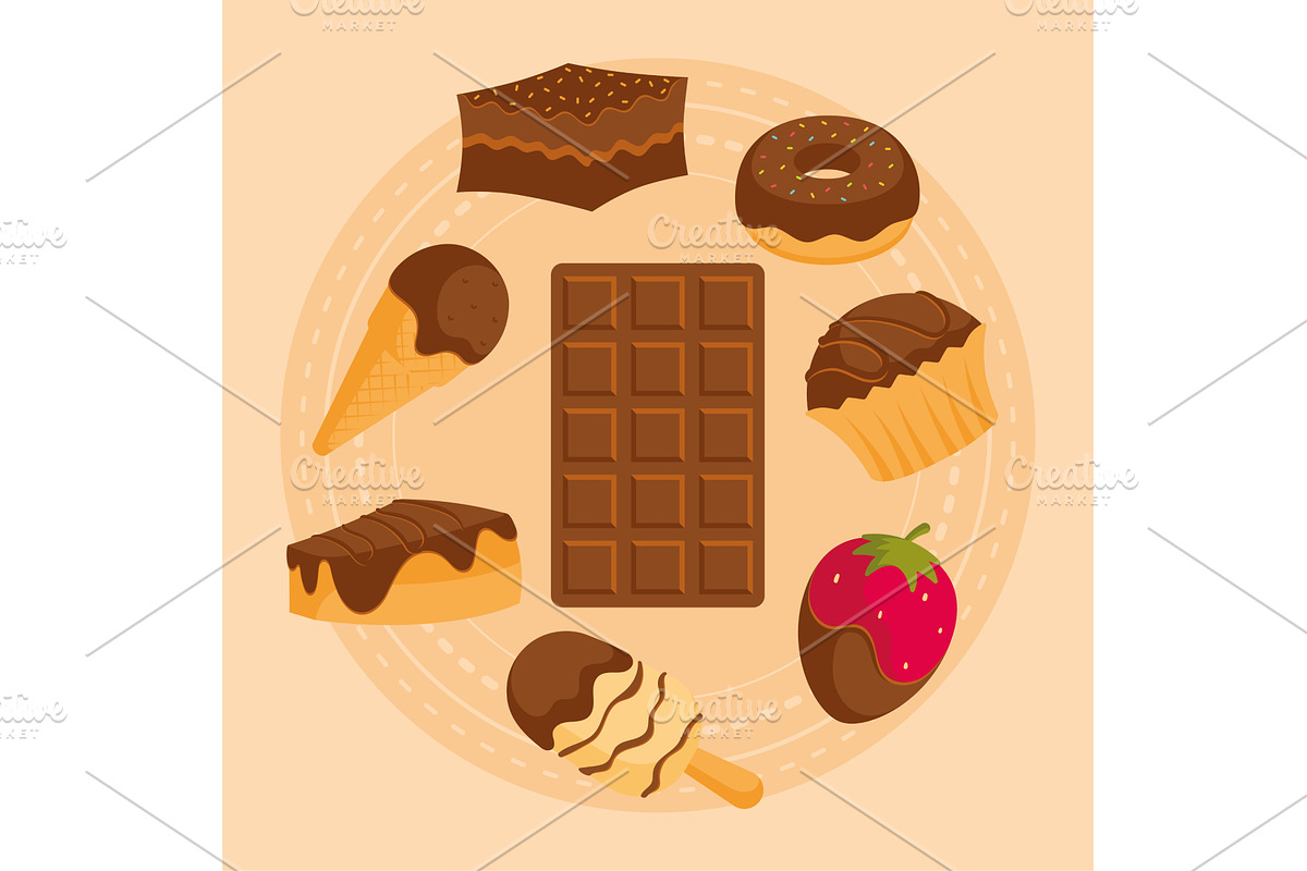 Chocolate treats circle set. Vector, a Food Illustration by studioDK