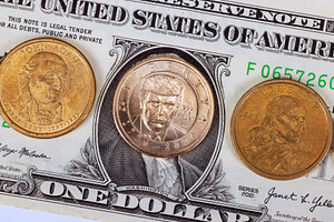 Trump dollar coins, one dollar bill