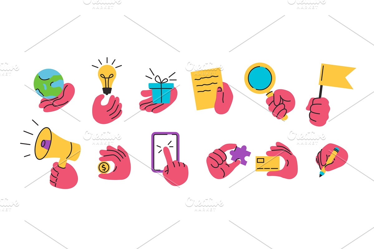 Hands carried icons. Doodle hand, an Object Illustration by winwin.art