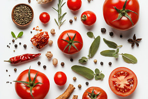 Fresh tomato, herbs and spices, isol, a Food & Drink Photo by Pixeness Studio