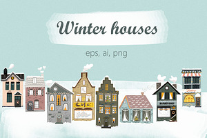 Winter snow covered houses clipart