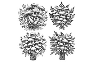 Mushroom Bouquets engraving set, an Illustration by AlexArt