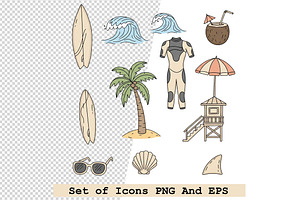 Set of  surfing icons in hand drawn, an Icon by one-touch
